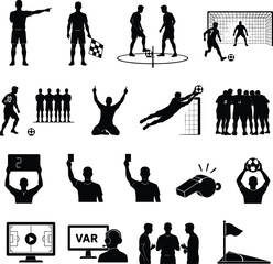 Professional Football Match Icon Pack with Referee Silhouettes, Soccer Players, VAR Screens, Goal Actions, and Game Equipment Vectors for Sporting App and Graphic Design Projects. © MD FARID