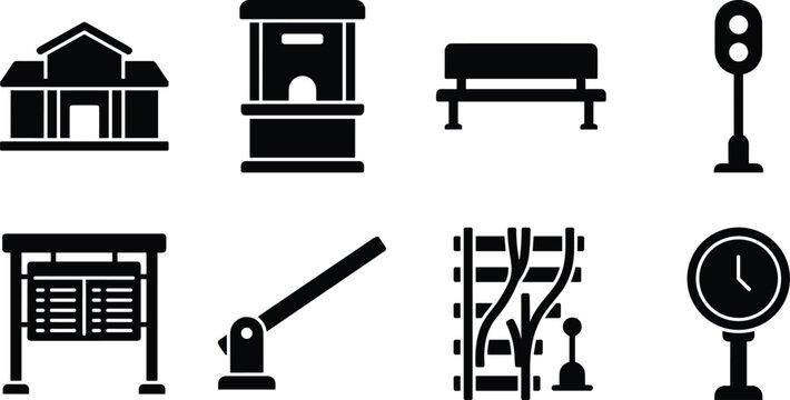 Railway Station and Train Transport Silhouette Icon Set for Transit Systems