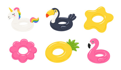Inflatable swimming rings set with unicorn toucan star flower pineapple and flamingo shapes on transparent background. Colorful pool floats for summer beach vacation and party. © Mila