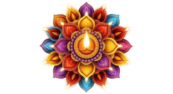 Vibrant diwali diya lamps in a colorful floral pattern celebrating the festival of lights