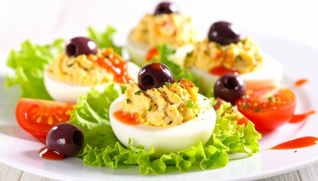 Boiled stuffed eggs with cheese filling and olives, served with lettuce and tomatoe sause