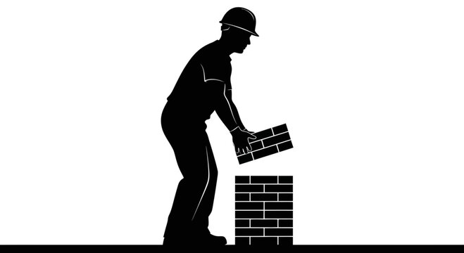 Construction worker silhouette laying bricks, building a wall, industrial labor, hard work, DIY project
