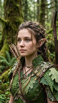 Cinematic close-up of a fantasy elf warrior hunter with a bow in the magical woodland