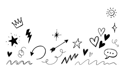 Obraz premium Doodles Featuring Stars, Hearts, Lightning, Crown, Sun, and Speech Bubble in Playful and Whimsical Style