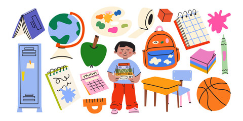 Set of back to school elements and supplies with cute boy character, schoolbag, locker, desk and stationary. Vector educational stickers set in cartoon trendy style © luamor