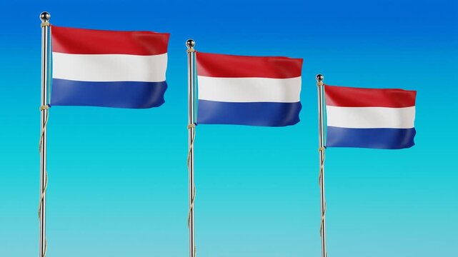 Three Netherlands national flags waving gracefully. 3D animated looping 4K render set against a clear blue sky background. Perfect for patriotic Dutch concepts and government presentations.