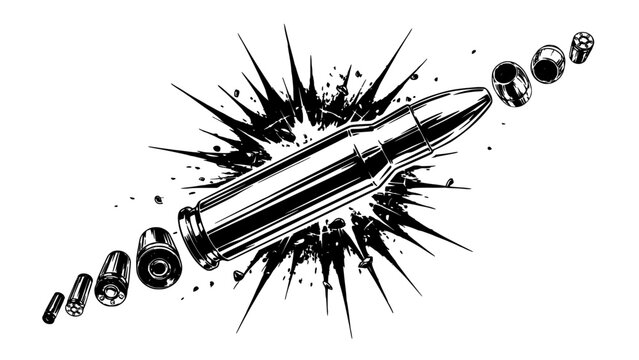 Bullet Casings and Cartridge Silhouette with Dynamic Ink Splash Background, Detailed Vector Style for Ammunition Concept Design