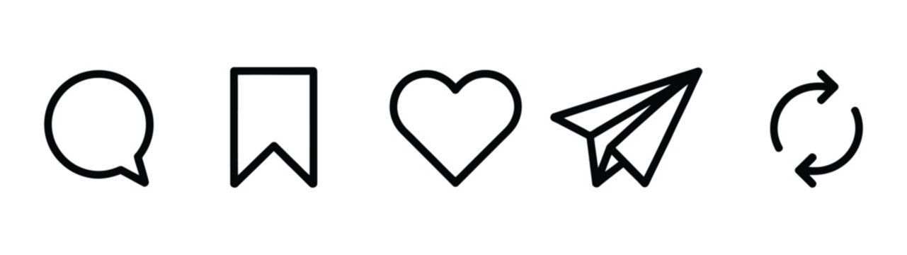 outlined Instagram interaction icon collection, like comment share and repost symbols, social media engagement UI concept, clean modern line vector illustration.