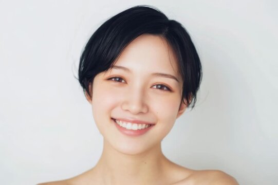 ボブヘアの女性がやさしく微笑む白背景ポートレート動画