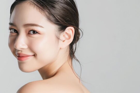 アップスタイルの女性が肩越しに振り返る美容動画素材