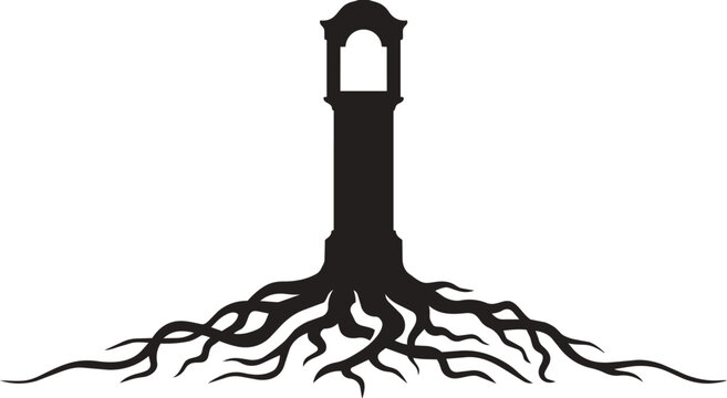 Vintage grandfather clock silhouette with grounded roots
