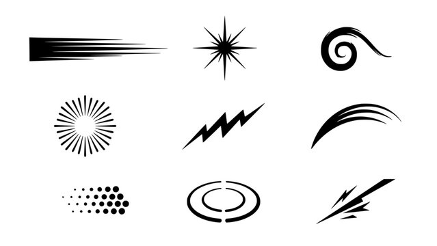 Abstract Icons Set with Dynamic Vector Shapes, Arrows, Swirls, Spark Starbursts, and Motion Lines on White Background