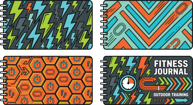 Set of four flat vector fitness journal covers with abstract patterns and sport icons design