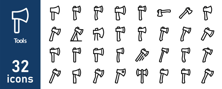 Set of 32 axe and ax icons for tools, construction, and outdoor themes