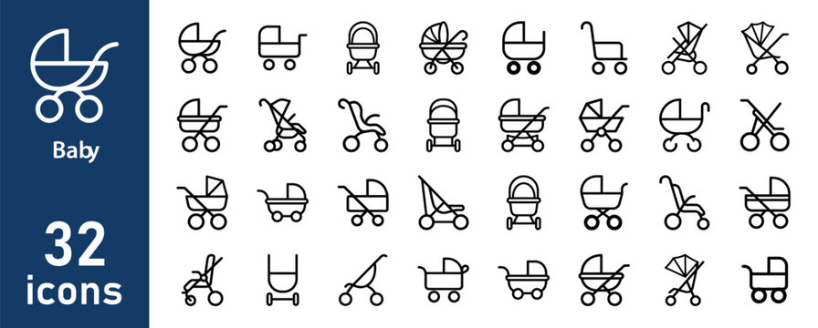 Set of 32 baby stroller and pram icons for parenting, travel, and baby transport