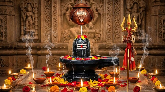 Hindu Shiva Lingam with water flow and candles