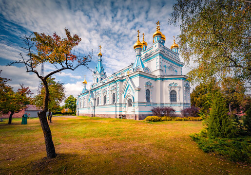 Beautiful autumn view of Orthodox Cathedral of Saints Boris and Gleb. Impressive afternoon cityscape of Daugavpils town, Latvia, Europe. Traveling concept background.