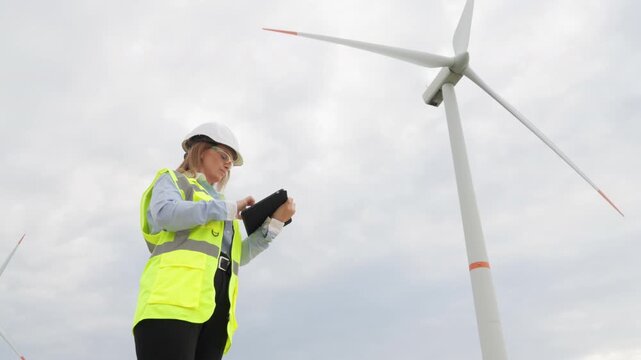 Woman engineer with tablet stands near wind turbine, performing inspection and data analysis. Sustainable energy technology and female leadership in clean power industry are highlighted
