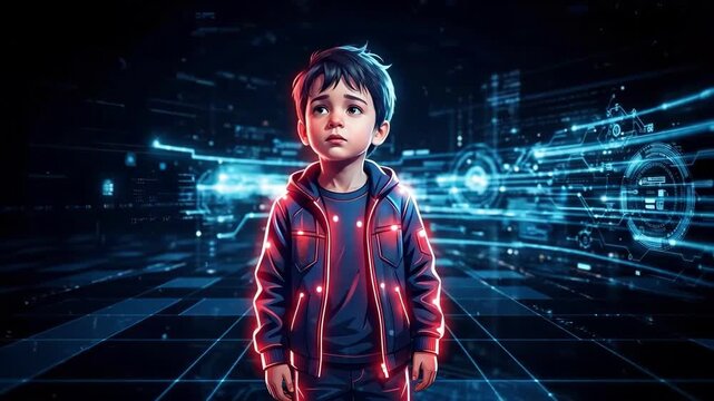 Sad boy standing alone in futuristic neon city at night. Lost child in cyberpunk urban landscape. Awareness concept for international missing childrens day