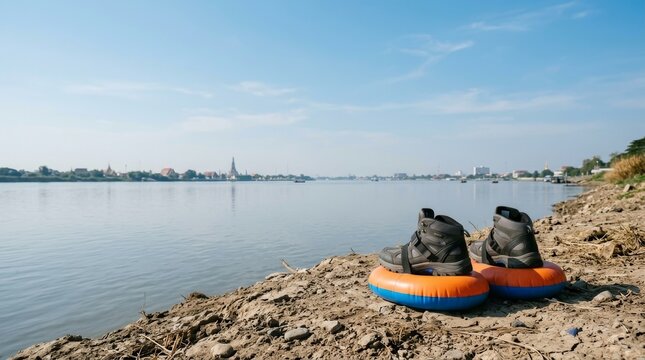 Bright Summer Day with Water Shoes and Float Ring by the Riverbank