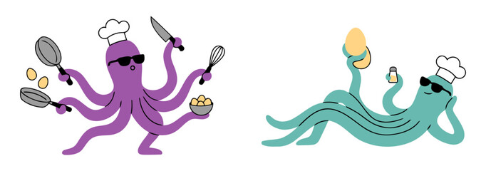 Funny chef octopus duo with busy purple octopus cooking eggs using pans knife whisk and chill teal octopus relaxing with salt shaker for kitchen restaurant multitasking. Flat vector illustration © Tollaru