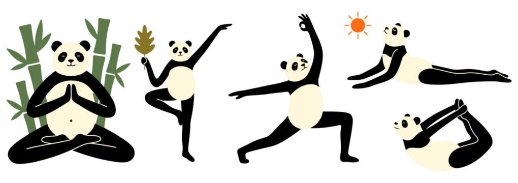 Cute panda yoga set with pandas doing meditation lotus pose, tree pose, warrior pose, cobra stretch and bow pose for mindfulness wellness and healthy lifestyle. Flat vector illustration