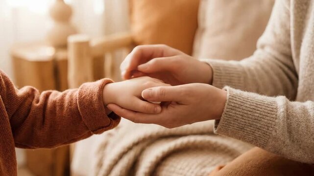 Woman holding toddlers hands in warm embrace. Mother and child bonding moment in cozy home setting. Symbol of family protection and safety for international missing child day awareness