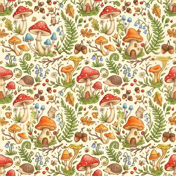 seamless pattern with whimsical mushrooms, ferns, acorns and woodland elements, storybook aesthetic