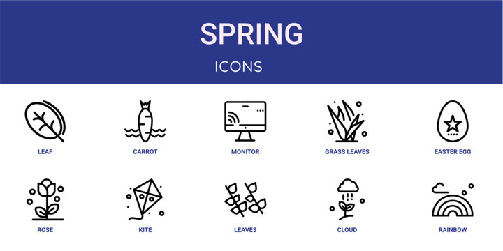 Set of 10 outline web Spring icons such as rainbow, cloud, leaves, kite, rose, easter egg, grass leaves vector icons for report, presentation, diagram, web design, mobile app