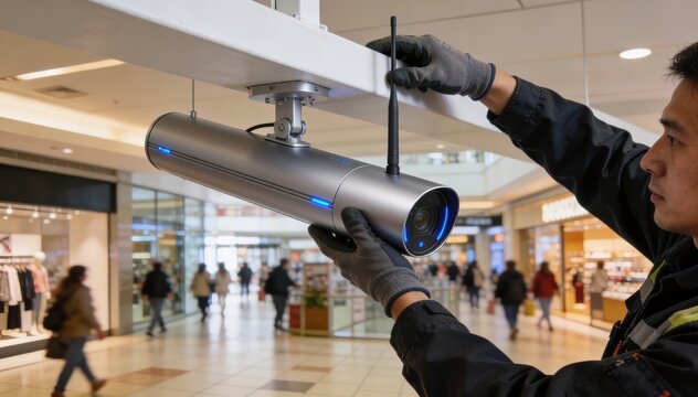Technician adjusting a sleek distributed antenna system inside a busy shopping mall enhancing inbuilding cellular signal strength for improved customer connectivity.
