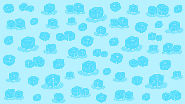 Illustrated ice cubes in different sizes and melting variations scattered across a light blue background.