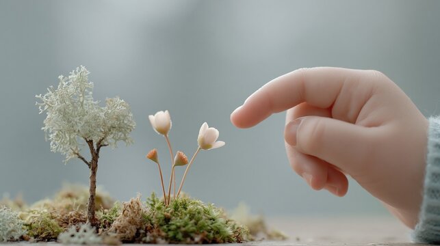 苔の上のミニチュアの花に触れる指先。自然のミクロな世界と人間の接触。マクロ撮影による繊細な構図
