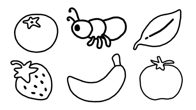 Hand-drawn black line art icons of cute kawaii ant, tomato, leaf, strawberry, blueberry, banana on white background. Cartoon illustration in doodle sketch style. Simplicity, minimalist graphic art.