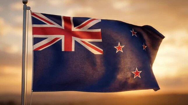 Nre Zealand Waving Flag and Patriotic Sunset