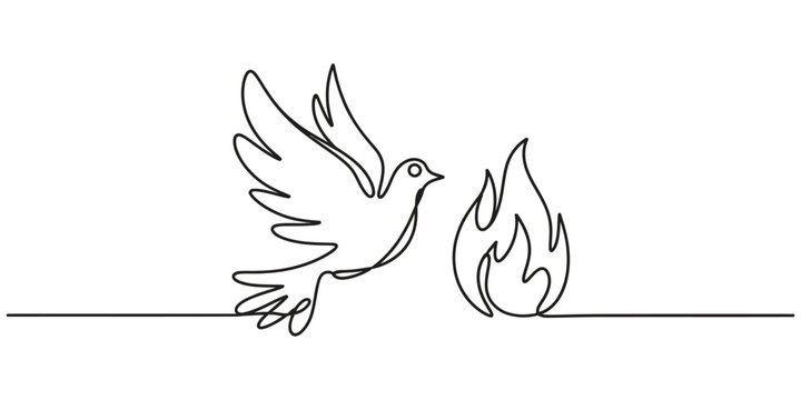 Continuous single line drawing of a flying dove bird and a flame fire symbol