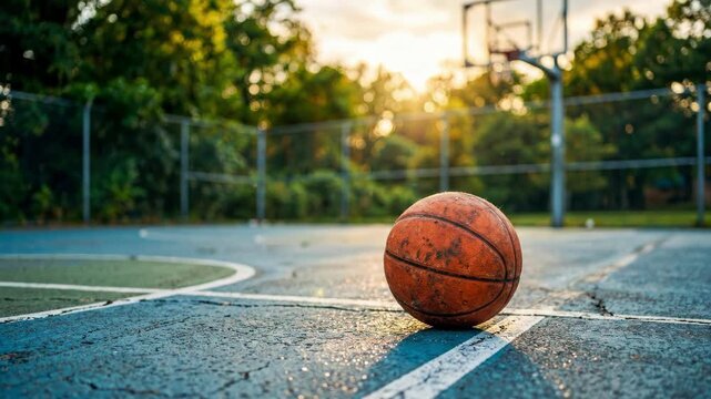Worn basketball on empty blue court at sunset near hoop and fence. Urban outdoor playground surrounded by green trees
