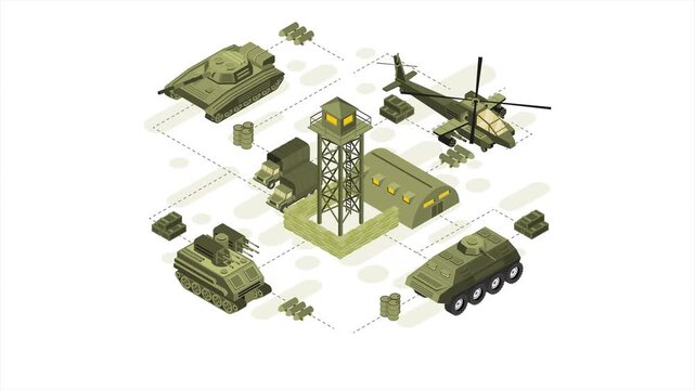 Military base, ammunition depot, tank, helicopter, armored personnel carrier. Isometric vector animation on a white background
