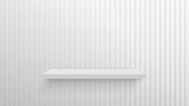 White shelf on ribbed wall background. Minimalist display stand for product presentation. Modern mockup scene with vertical panels. Clean showcase platform. Realistic vector illustration