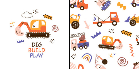 Naklejka premium Cute construction vehicles set with seamless pattern. Kids transport collection featuring excavator, tow truck, crane and tractor. Flat vector illustration isolated on white background.