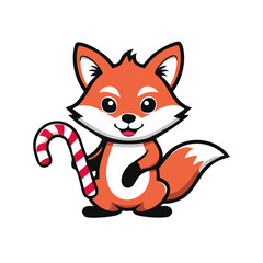 Obraz premium Cute cartoon fox holding a candy cane
