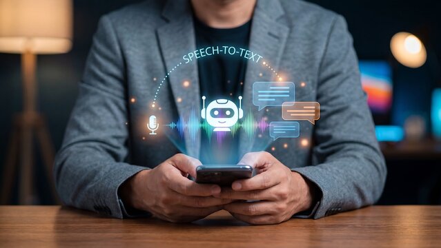 Man holding smartphone with glowing AI robot, sound wave, microphone and chat bubbles, speech to text, voice recognition and artificial intelligence assistant technology concept