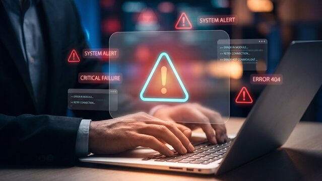 Hands typing on laptop with glowing warning alert triangle and error messages, system failure, critical error, cyber attack and computer security problem technology concept