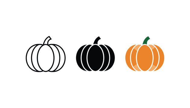 Three pumpkin icons featuring outline black silhouette and orange flat graphic designs for autumn harvest