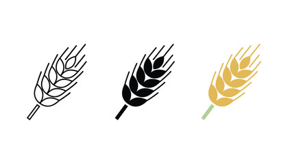 Three wheat stalk icons featuring linear silhouette and golden yellow color design styles for agricultural and harvest concepts isolated on white background © TARU STOCKPLC