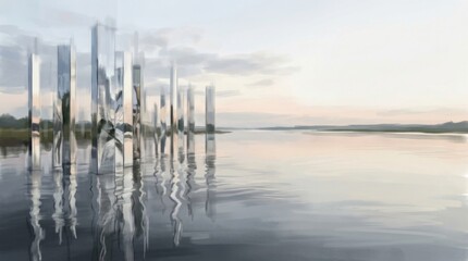 Obraz premium Tranquil Water Scene with Reflective Pillars at Dawn