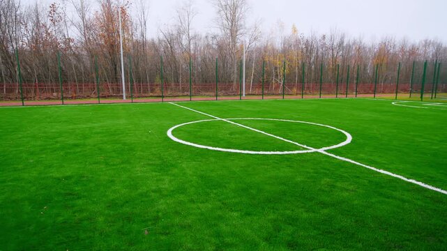 Spacious outdoor sports ground offers perfect surface for football matches. Calm atmosphere of nearby woods enhances training zone