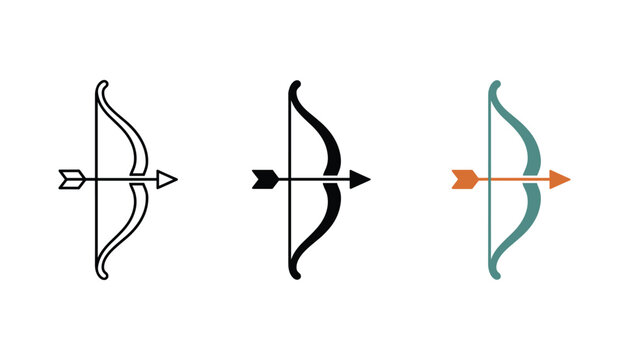 Archery bow and arrow icon set featuring weapon symbols in outline solid and flat design variations for hunting and sports graphics