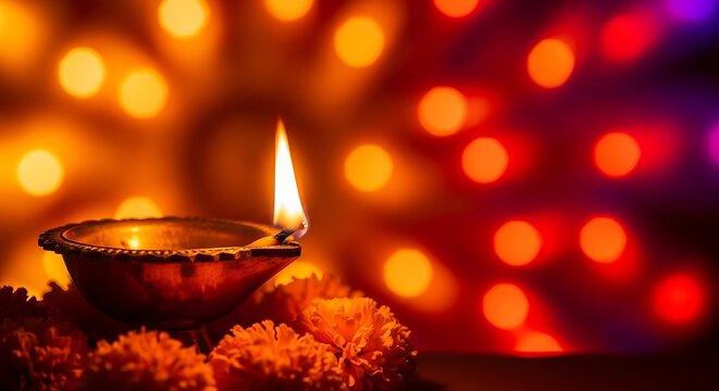 Diwali festival of lights a traditional indian diya lamp with marigold flowers and bokeh lights
