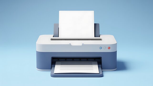 Office printer, paper output tray, modern inkjet printer, blue and white