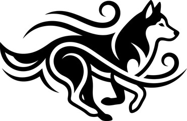 Obraz premium Running husky dog tribal design in dynamic motion against white background vector silhouette